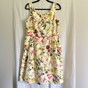 Lands End Petite Cream ALine Botanical Floral Dress Sleeveless Pockets Size 12P